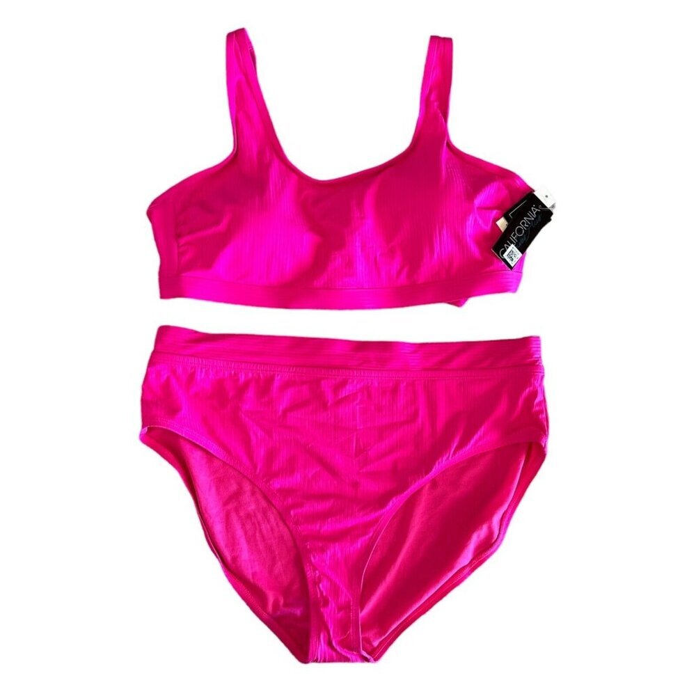 California Waves Plus Size 3X (22/24) Fuchsia Ribbed‎ Bralette Bikini Set NWT